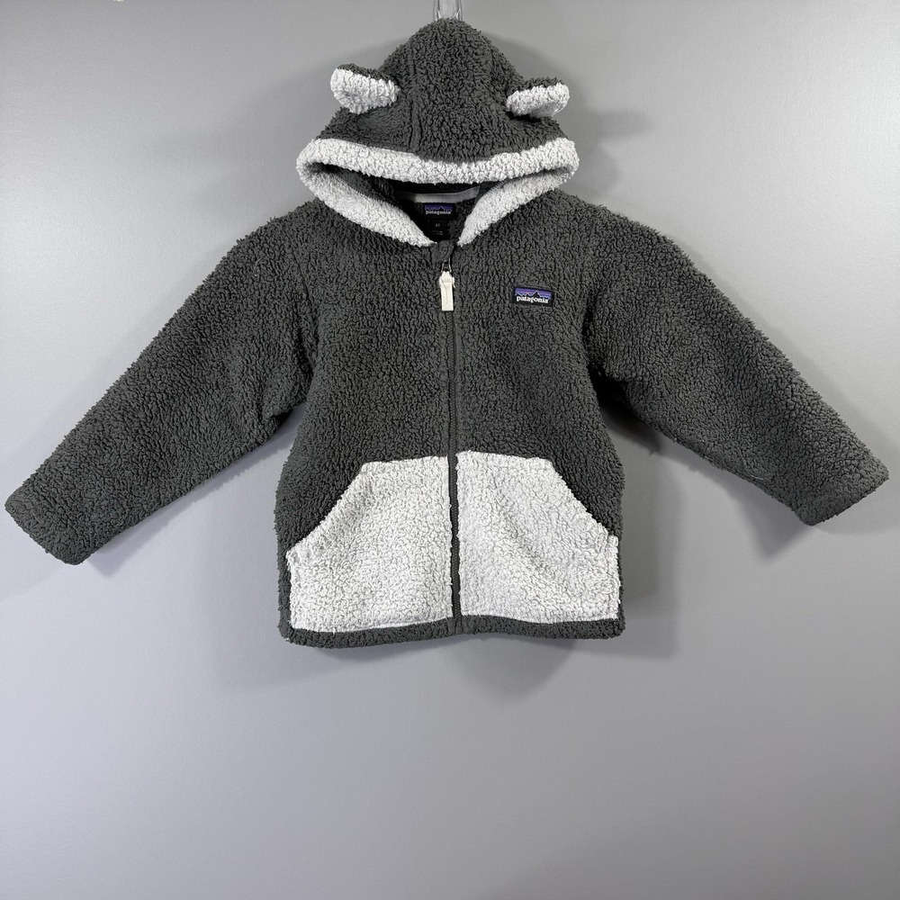 Patagonia Fleece Jacket Kids 4T Gray White Hooded Sherpa Ears Full Zip Warm